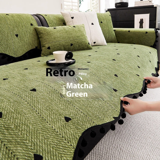 HKM-096851 Chenille Solid Color Sofa Cushion - Stylish Dust Cover in Matcha Green, Khaki, and Creamy White