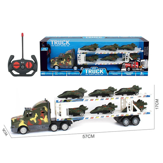 HKM-098515 Double Decker Military Remote Control Transport Vehicle with 6 Friction Cars for Kids