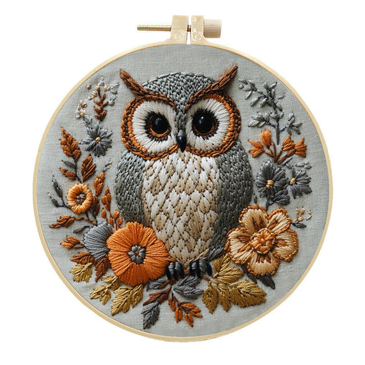 KTX-102547 Creative Embroidery Kit with Flower and Owl Patterns - Cotton and Linen Fabric Art Set