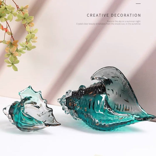 HKM-103635 Elegant Modern Colored Glaze Glass Conch Decoration - Large & Small Sizes in Gray Blue