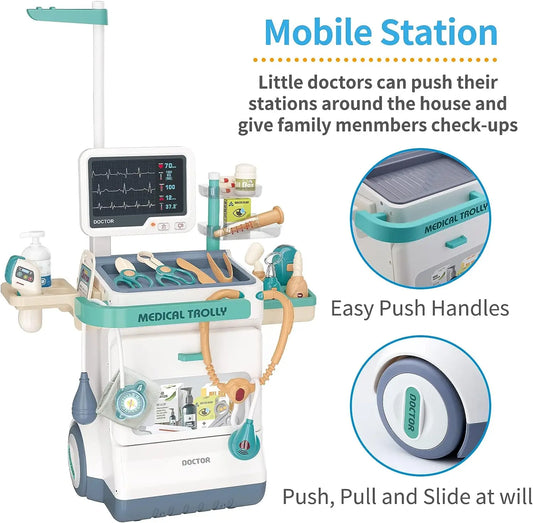 HKM-106835 26-Piece Medical Pretend Play Kit with Trolley Cart for Kids Ages 2-7