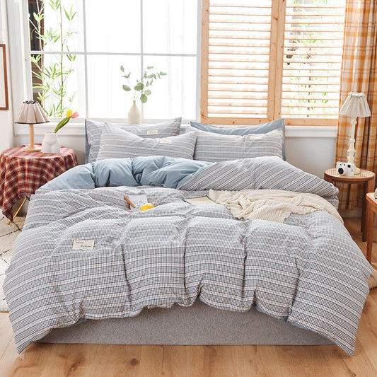 HKM-107475 Washable Cotton Plaid Bedding Set - Four-Piece with Quilt Cover, Pillowcases, and Sheet in Various Retro Patterns