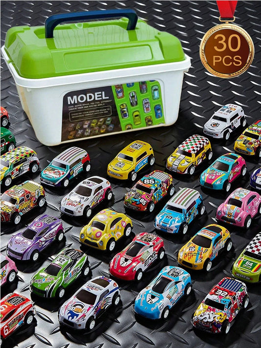 HKM-108115 30-Pack Alloy Mini Diecast Race Cars with Pull Back Function and Portable Storage Box
