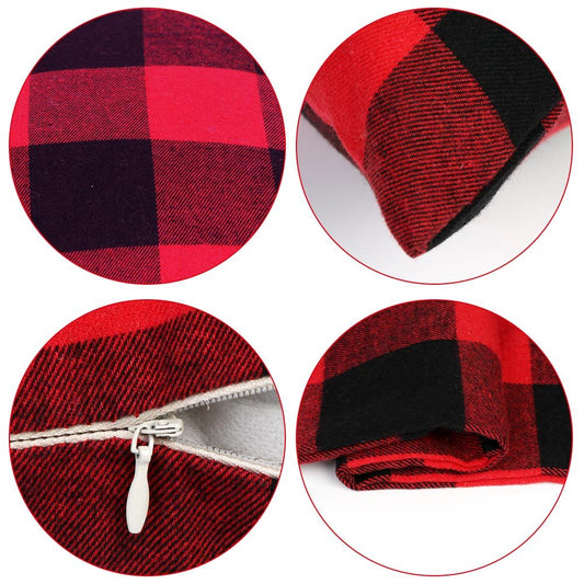 HKM-117587 Plaid Christmas Decorative Pillowcase - Red/Black or White/Black, Soft Cotton Blend, 18x18 Inch