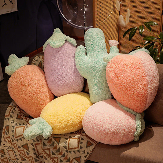 HKM-122771 Cartoon Fruit Plush Pillow - Pineapple, Carrot, Cactus, and More in Cotton Velvet