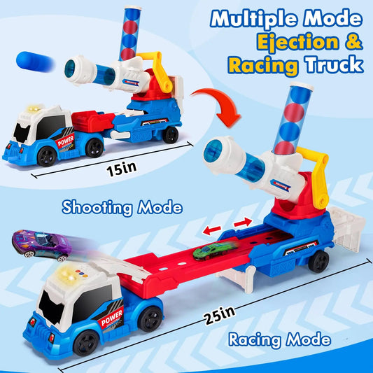 HKM-127059 2 in 1 Soft Ball Shooting Truck Toy with Mini Racing Cars for Kids Ages 2-13