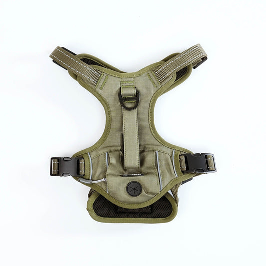 HKM-132371 Durable Tactical Dog Harness with Built-In Poop Bag Holder and No-Pull Front Clip, Brown, Size S