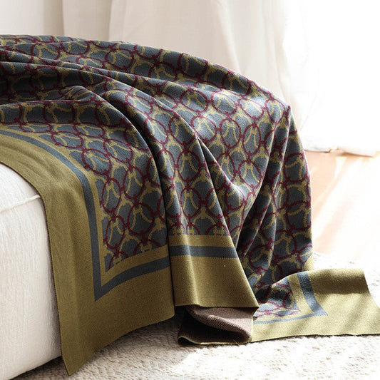 HKM-136467 Retro Geometric Chenille Knit Blanket in Olive and Light Gray for All-Season Decor
