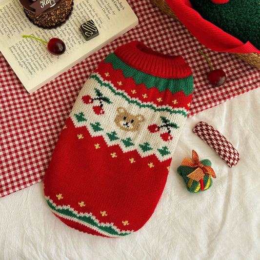 HKM-137043 Christmas Cherry Pet Sweater in Red – Warm Casual Clothing for Dogs and Cats, Available in Multiple Sizes