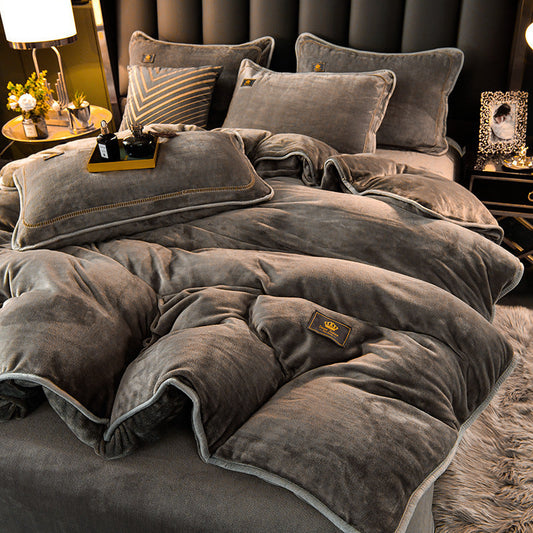 HKM-140243 Thickened Winter Coral Flannel Bedding Set with Double-Sided Duvet Cover in Various Colors