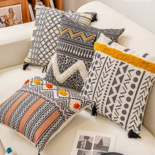 HKM-140371 Ethnic Style Tufted Pillow Cover for Living Room - Cotton, 45x45cm, Multiple Color Options