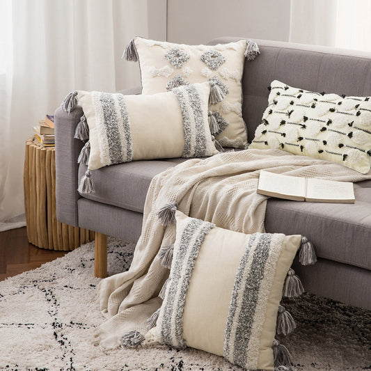 HKM-153875 Bohemian Cotton Stripe Tassel Tufted Cushion Cover for Home Decor