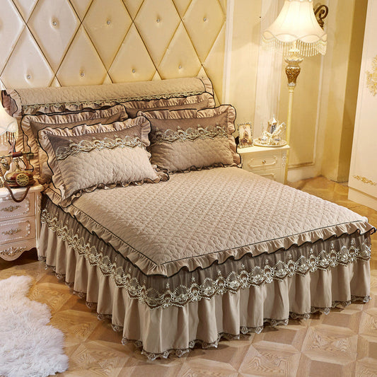 HKM-155731 European Style Quilted Lace Bed Skirt with Embroidery and Lotus Leaf Trim