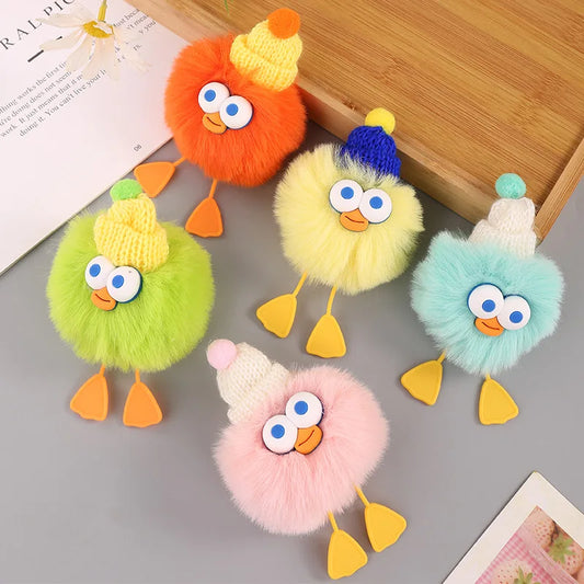 HKM-160019 Plush Duckling Keychain – Soft Fur Ball Pendant for Bags, Backpacks, and Keys