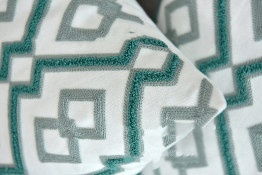 HKM-163603 Lake Water Green Cotton Canvas Geometric Wool Embroidery Pillowcase 45x45cm