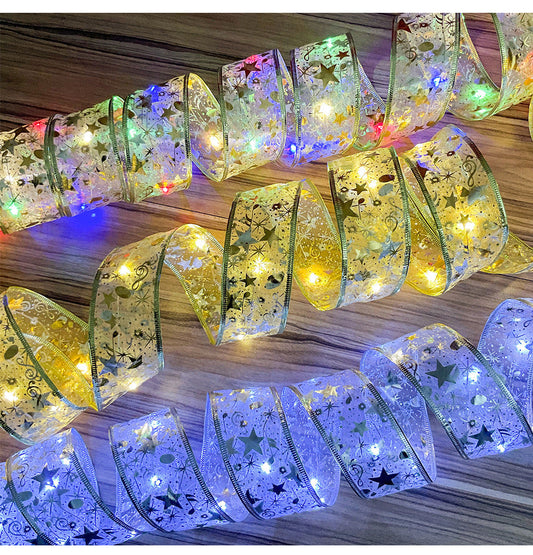 HKM-164243 Battery-Powered LED Christmas Light String with Silver, Gold, and Red Silk Decorations, Available in Multiple Lengths