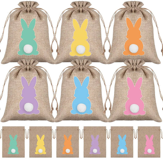 HKM-164627 Easter Burlap Gift Bags - 24pc Drawstring Rabbit Candy Treat Sacks for Party Favors