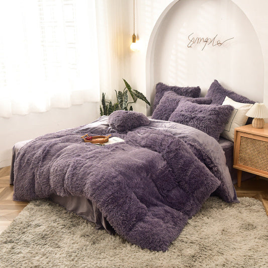 HKM-170387 Mink Velvet Four Piece Set - Long Plush Crystal Velvet Duvet Cover with Pillowcases in Modern Solid Colors
