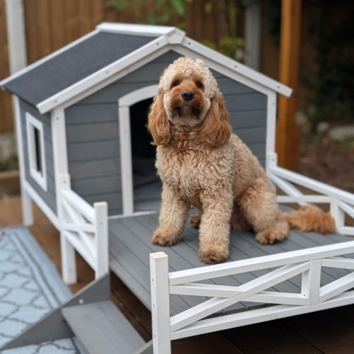 HKM-177299 Grey Dog House with Porch for Small to Medium Breeds, Weatherproof Wood Construction