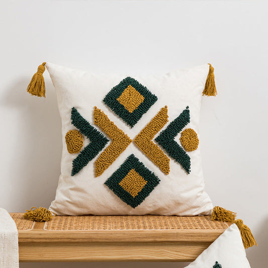 HKM-180563 Moroccan Geometric Loop Velvet Tassel Cushion Cover in Coffee Green and Beige