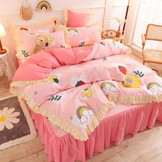HKM-186195 Girly Heart Lace Bed Skirt and Duvet Cover Set in Various Floral Colors for 1.5m and 1.8m Beds