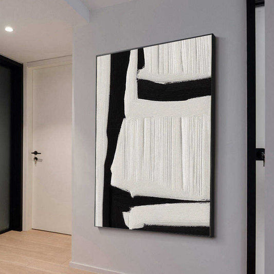 HKM-188435 Large Black and White Abstract Textured Wall Art - Handmade Oil Painting on Canvas for Modern Home Decor