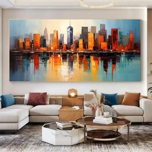 HKM-189587 Handmade Oil Painting on Canvas - Modern Abstract Urban Street Scene for Home Décor – Unstretched and Frameless