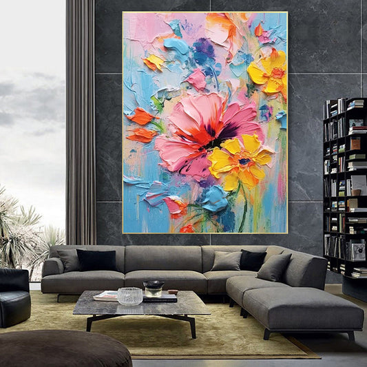 HKM-194195 Hand-Painted Colorful Flower Oil Painting on Canvas with Thick Texture – Ideal Home Decor for Living Room and Bedroom