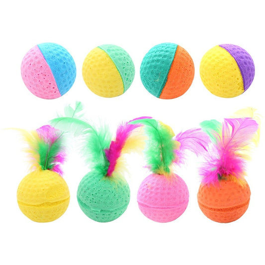HKM-195859 Pet Cat Toy Ball Latex Color Foam Band Feather Interaction