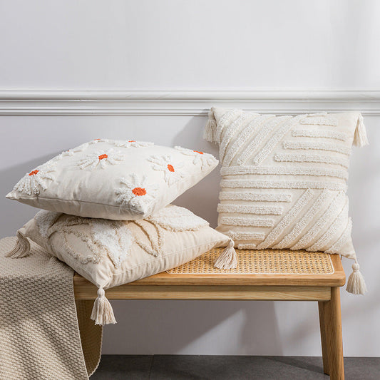 HKM-203603 Scandinavian Floral Tufted Pillowcase – Cotton Cushion Cover for Home Décor