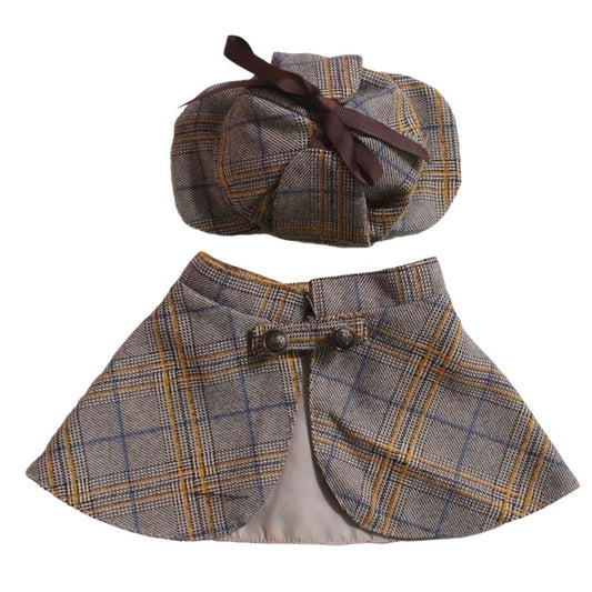 HKM-205075 Detective-Themed Casual Cloak Hat Suit for Pets in Khaki Brown Plaid