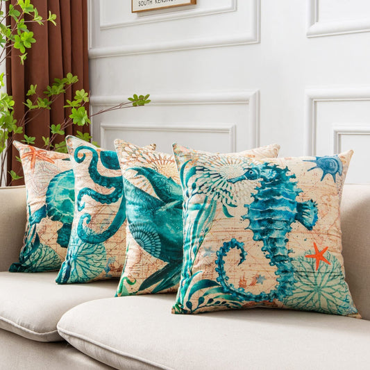 HKM-210451 Sea Turtle Print Linen Cushion Cover for Sofa and Chair - 45x45cm, Modern Home Decor
