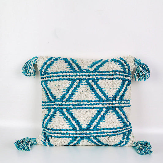 HKM-212371 Bohemian Cotton Tassel Cushion Pillowcase - Blue Weaving Design for Living Room and Bedroom