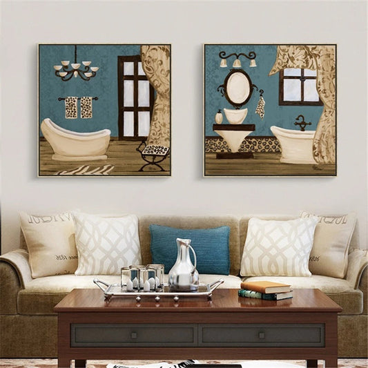 HKM-214611 Modern Retro Bathroom Canvas Wall Art - Decorative Landscape & Character Designs, Frameless Sizes Available