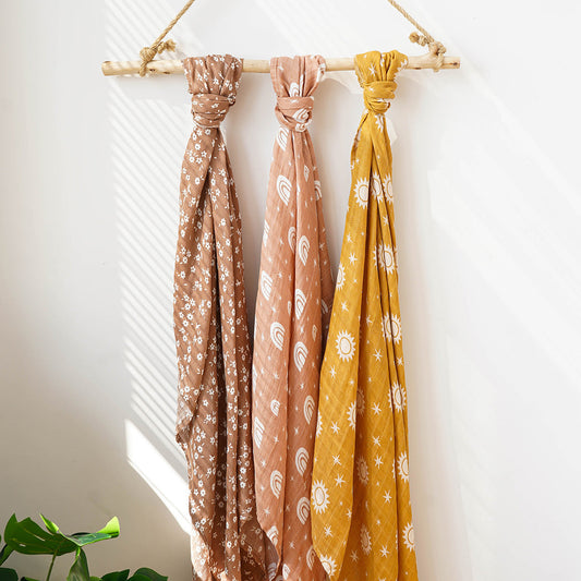 KTX-214931 3-Piece Baby Swaddling Blanket Set - 2-Layer Bamboo Fiber in Various Patterns for Summer Use