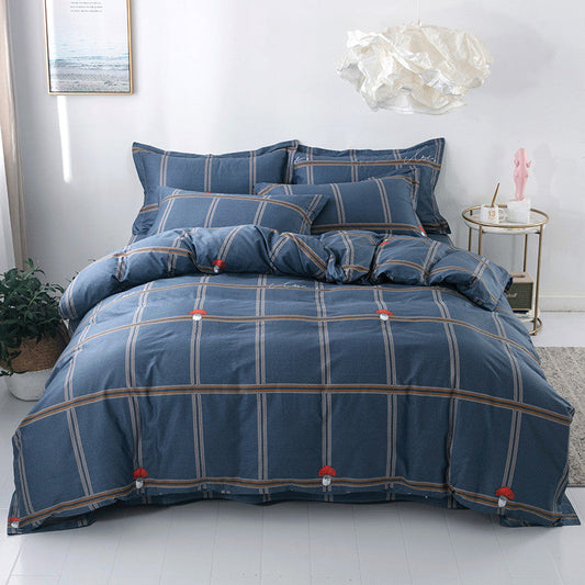 HKM-221267 Pure Cotton Four-Piece Bed Set with Quilt Cover, Pillowcase, and Sheet in Urban Stripe Design