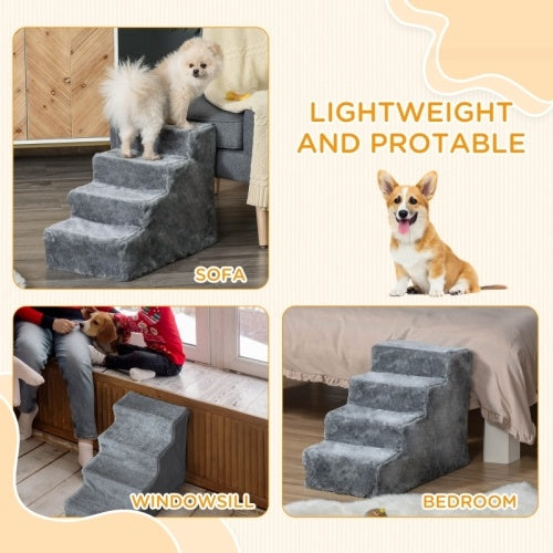 HKM-222931 Four-Step Dog Stairs with Washable Plush Cover for High Beds and Sofas in Light Grey
