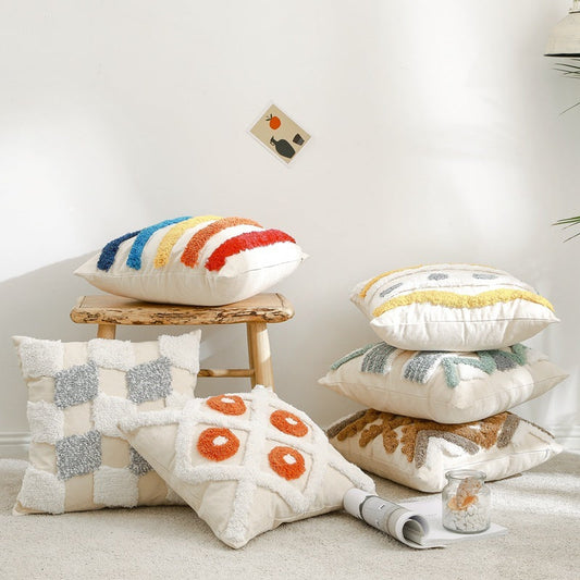 HKM-223635 Cotton Canvas Tufted Geometric Embroidered Pillowcase - 45x45cm Various Colors Available