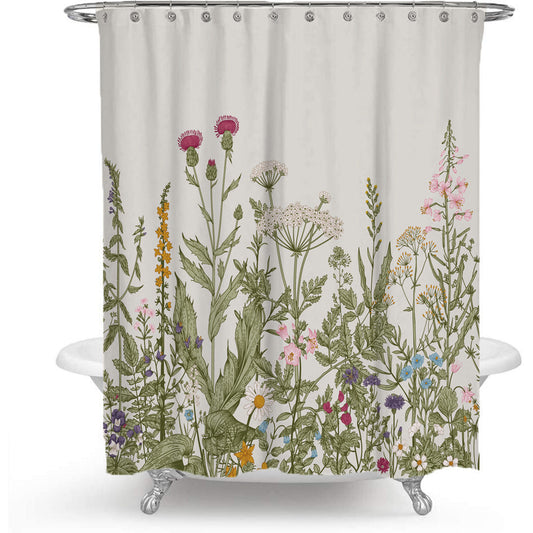 HKM-226579 Floral Plant Shower Curtain - Colorful Hand-Painted Leaves, Modern Polyester Design, Multiple Sizes Available
