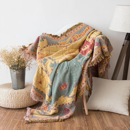 HKM-227027 World Map Decorative Cotton Blanket for Sofa and Air Conditioner Cover - Multiple Sizes Available