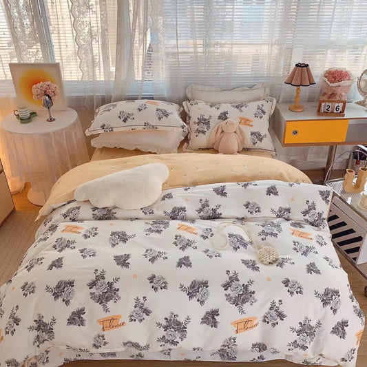 HKM-231315 Cotton Four-Piece Bed Set with Simple Print Design - Duvet Cover, Bed Sheet, and Pillowcases