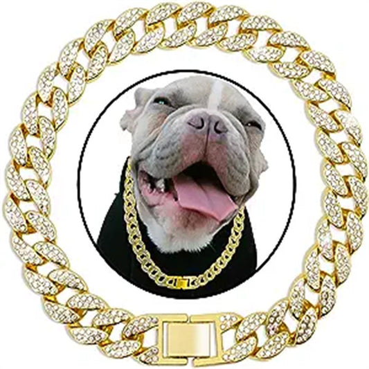 HKM-232147 Cuban Link Chain Dog Collar Necklace with Diamonds in Gold and Silver, Multiple Sizes Available