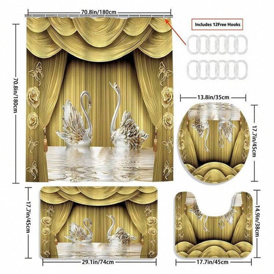 HKM-236627 Waterproof Swan Shower Curtain Set with Bath Mats and U-Shaped Door Mat