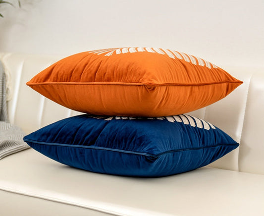HKM-239507 Modern Dutch Velvet Embroidered Leaf Pattern Pillow Cover - 45x45cm in Blue, Orange, Gray, Green