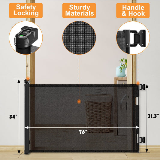 HKM-240531 Retractable Mesh Baby Gate For Doorways, Extends 76" Wide, 33" Tall Safety Barrier For Indoor & Outdoor Use