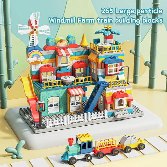 HKM-244563 DIY Assembled Windmill Train Building Block Set - 265pcs Educational Construction Toy for Ages 3 and Up