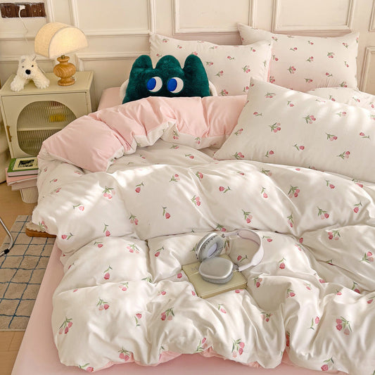 HKM-247443 Soft Pastoral Double-Layer Yarn Bedding Set - Plant and Flower Design, Multiple Sizes Available