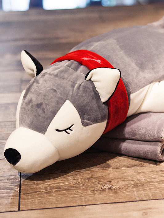 HKM-258771 Husky Cartoon Plush Nap Pillow and Air Conditioning Blanket in Coral Fleece, 70cm x 1.7m