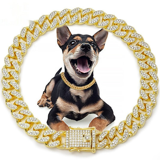 HKM-265107 Metal Diamond Pet Dog Leash & Cat Cuban Collar - Monochrome Colors Available in Various Sizes