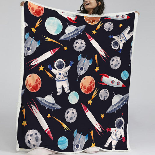 HKM-268691 Cozy Astronaut Themed Lamb Wool Blanket - Soft Sherpa Fleece for Home, Office, and Outdoor Use